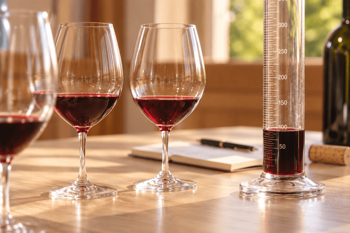 Verres de vin rouge lors d'une dégustation pour l'assemblage des vins du Médoc