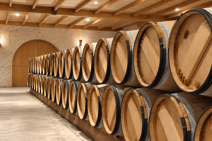 Alignement de barriques en chêne dans le chai d’élevage des Domaines Pedro, propriété viticole familiale du Médoc, à Bordeaux.
